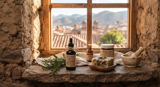 Botellas botánicas artesanales y jabón herbal sobre piedra en Cusco