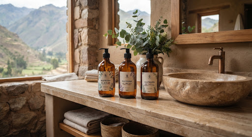 Dispensadores de vidrio ámbar recargables en un eco-lodge
