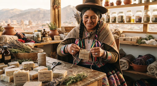 Artesana andina envolviendo jabones artesanales en su taller de Cusco
